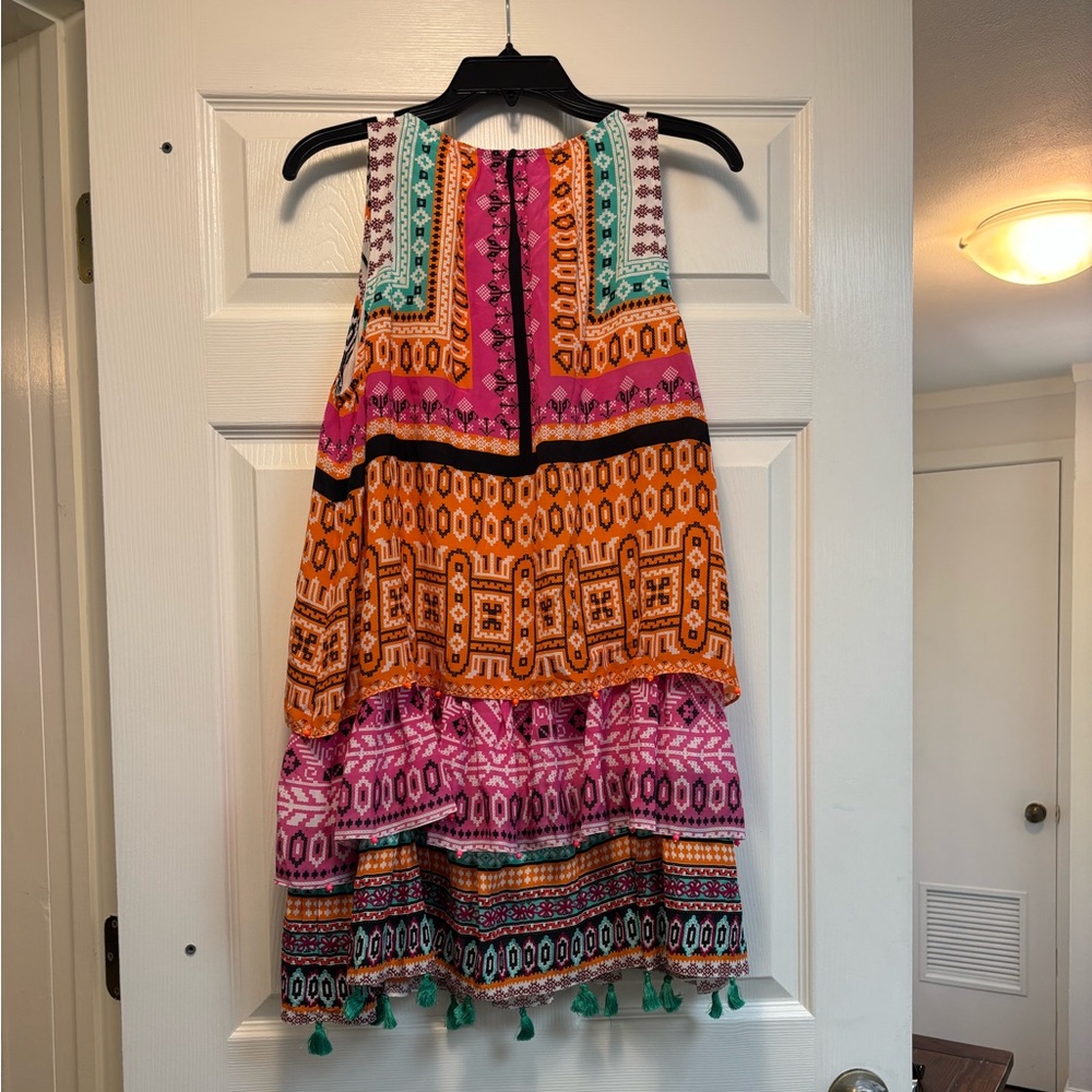 HEMANT & NANDITA Orange and Pink Embellished Tiered Mini Sundress 100% Silk - Picture 8 of 10